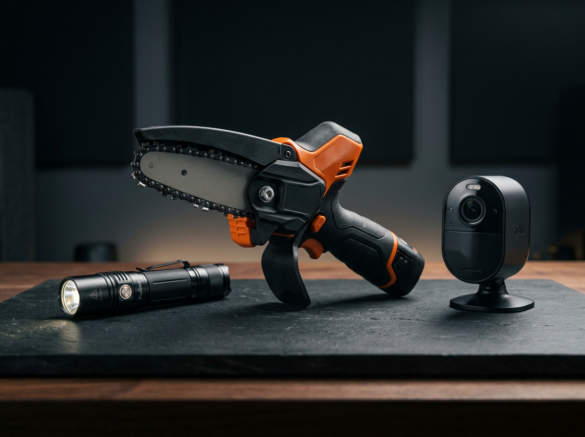 High-end product photography of a sleek modern flashlight, a compact portable chainsaw, and a smart security camera arranged on a dark minimalist surface. Dramatic studio lighting, sharp focus, premium tech aesthetic. Absolutely no text.