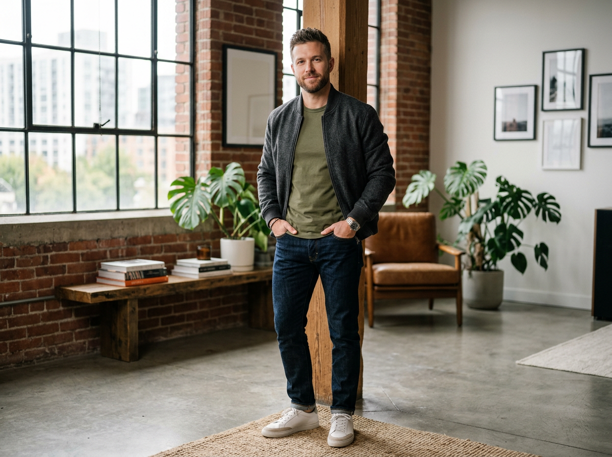 Stylish lifestyle fashion photography. A modern man wearing premium casual wear and a high-quality basic t-shirt, standing in a sophisticated urban loft. Natural lighting, crisp details, confident posture. Absolutely no text, no letters, no watermarks.