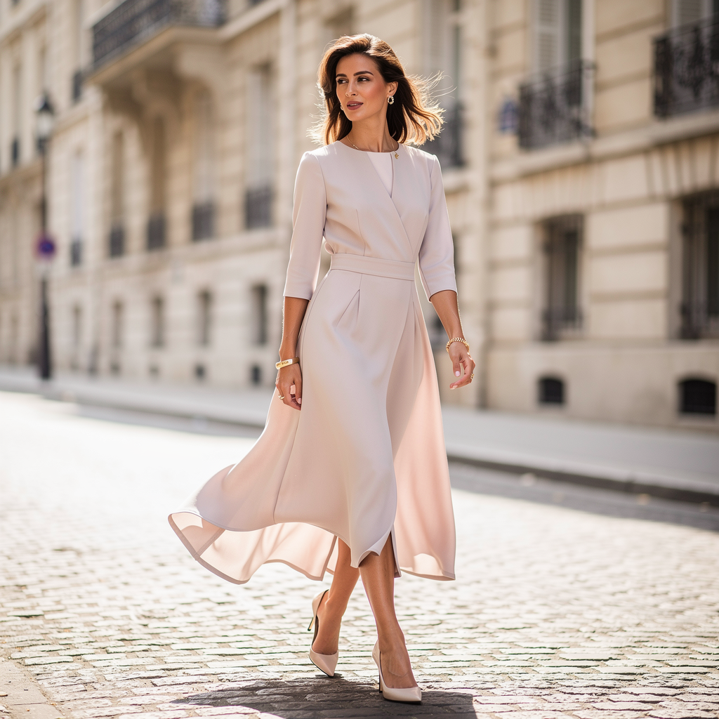 Elegant fashion editorial photography. A stylish woman wearing a chic, flowing modern dress walking in a bright, sunlit European street. Soft natural lighting, high fashion aesthetic. Absolutely no text, no letters, no watermarks.